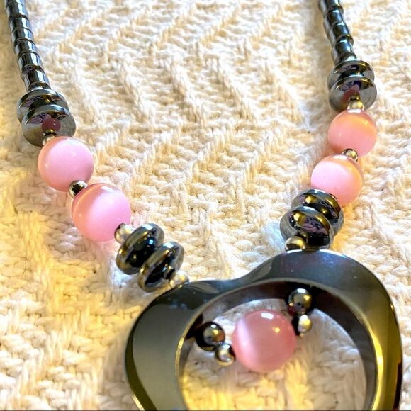 NEW 18” HEMATITE OPEN HEART W/ROSE QUARTZ STONE NECKLACE - Picture 9 of 14